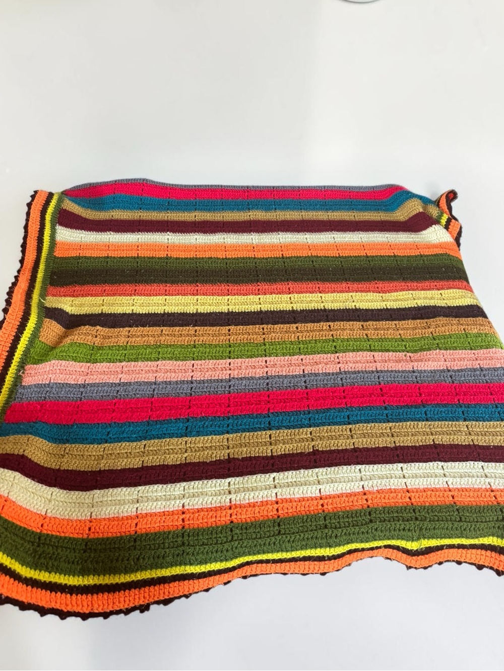 Vintage Hand Crocheted Rainbow Stripe Afghan Blanket 80x84